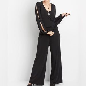 Maurices Women L Black Stretch Tie Front Slit Long Sleeve Wide Leg Jumpsuit